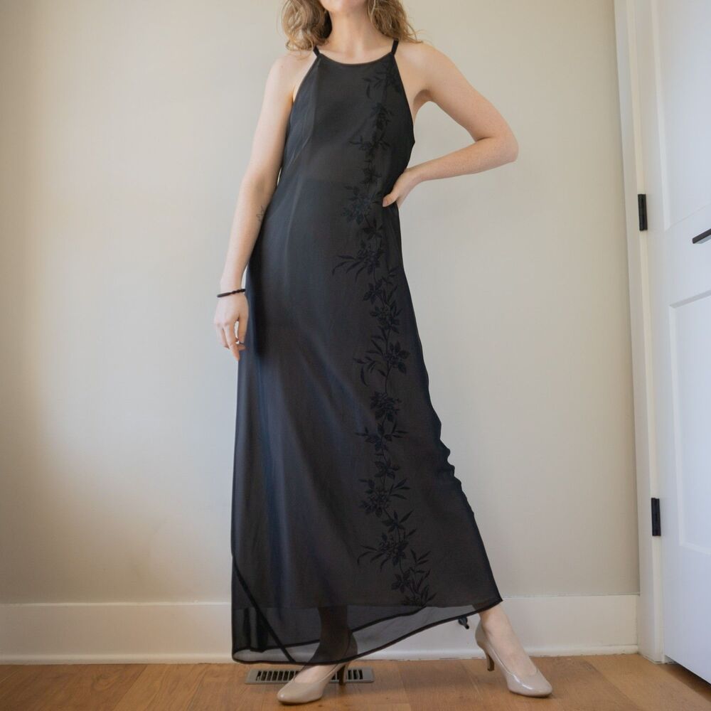 Vintage Y2K Express Long Halter Maxi Black Floral Cocktail Prom Evening Dress